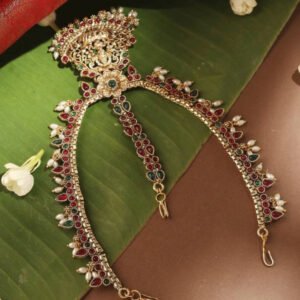 Gold Plated Temple Style Mata Patti With Red And Green Stone Studding