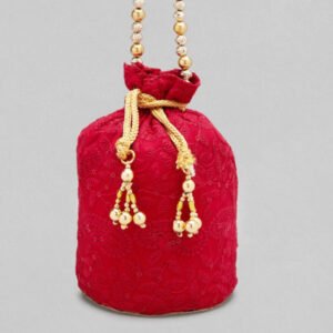 Red Coloured Potli Handbag With Chikankari Design
