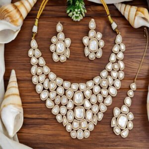 Luxury All White Kundan Set Necklace Earrings & Maang Tikka