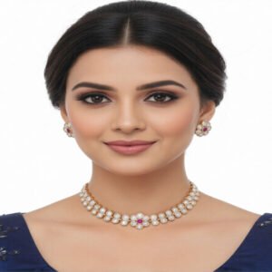 Premium Rose Rhodium Kundan Bridal Necklace Set