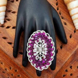Fancy Designer AD Finger Ring with Pearl Floral Design