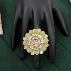 High Gold Polish Kundan Jewellery Glass Beads Designer Finger Ring