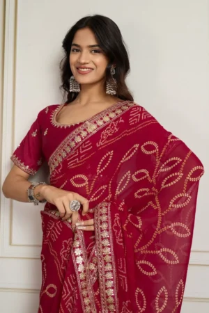 Georgette Bandhej Saree with Heavy Border Traditional Celebration