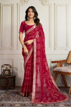 Georgette Bandhej Saree with Heavy Border Traditional Celebration