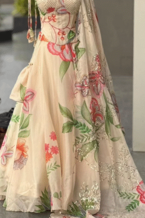 Jimmy Organza Corset Lehenga color cream/Orange/Black