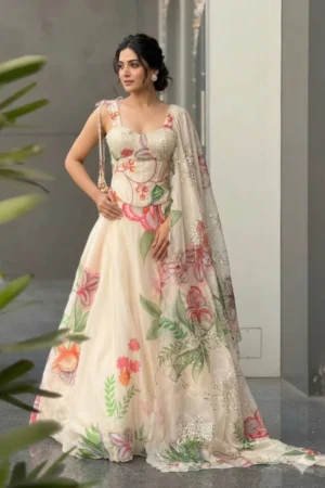 Jimmy Organza Corset Lehenga color cream/Orange/Black