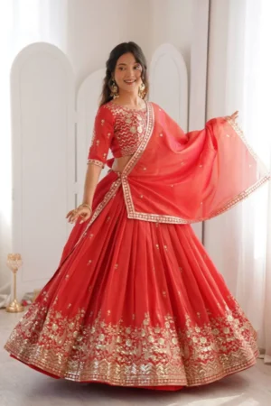 Organza A Line Lehenga available in red/yellow/purple colors