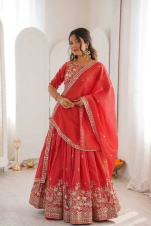 Organza A Line Lehenga available in red/yellow/purple colors