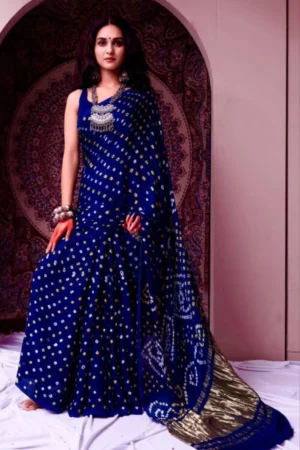 Navy Blue Gaji Silk Bandhani Saree