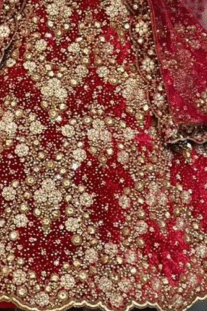 Red Velvet Bridal Lehenga with Zardozi and Pearl Work for Wedding Wear