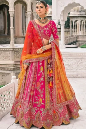 Bohemian Hot Pink Embroidered Silk Lehenga