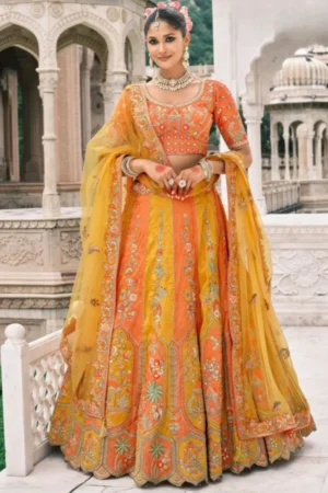 Wedding Special Orange And Yellow Fancy Silk Lehenga