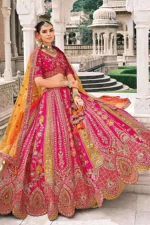 Bohemian Hot Pink Embroidered Silk Lehenga