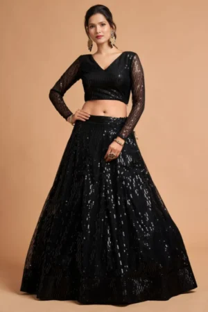 Black Soft Net Lehenga with Thread Sequins Embroidery