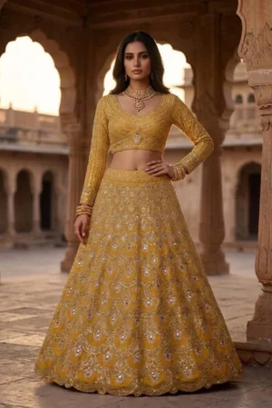 Mustard Yellow Heavy Embroidery Lehenga Choli