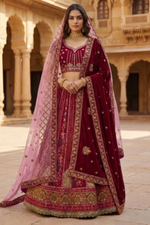 Velvet Lehenga Choli with Heavy Embroidery Colors available Pink/Red/Maroon