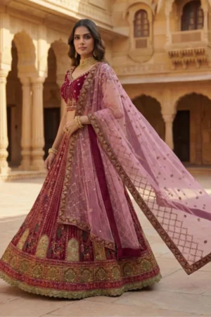 Velvet Lehenga Choli with Heavy Embroidery Colors available Pink/Red/Maroon