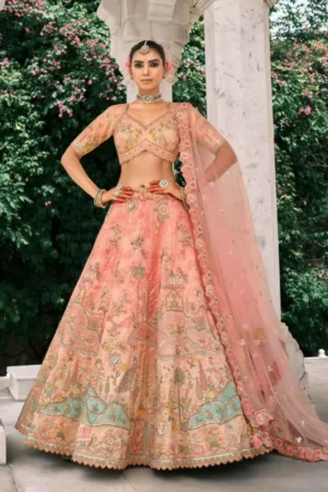 Innovative Peach Bridal Look Silk Lehenga