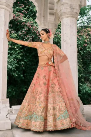 Innovative Peach Bridal Look Silk Lehenga