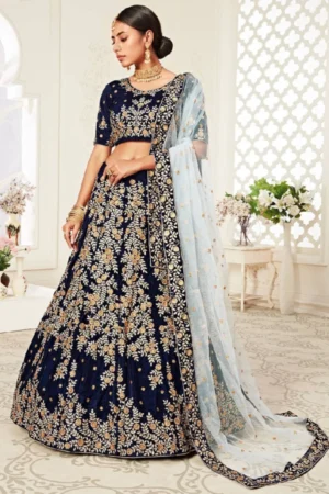 Navy Blue Velvet Lehenga Choli with Zari Diamond Work