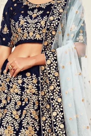 Navy Blue Velvet Lehenga Choli with Zari Diamond Work