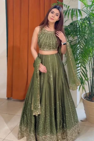 Olive Green Party Wear Lehenga with Sequins Work