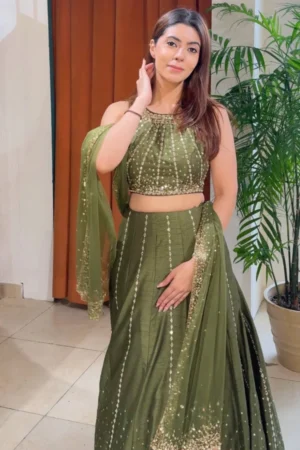 Olive Green Party Wear Lehenga with Sequins Work