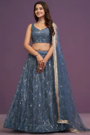 Perfect Blue Net Lehenga Choli with Mirror Work