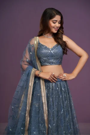 Perfect Blue Net Lehenga Choli with Mirror Work