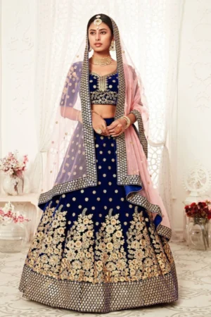 Velvet Wedding Lehenga Choli Navy Blue