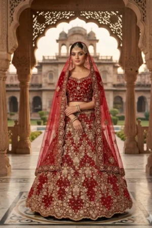 Red Velvet Bridal Lehenga with Zardozi and Pearl Work for Wedding Wear