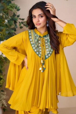 Sayuri Mustard Yellow Chinon Silk Palazzo Suit